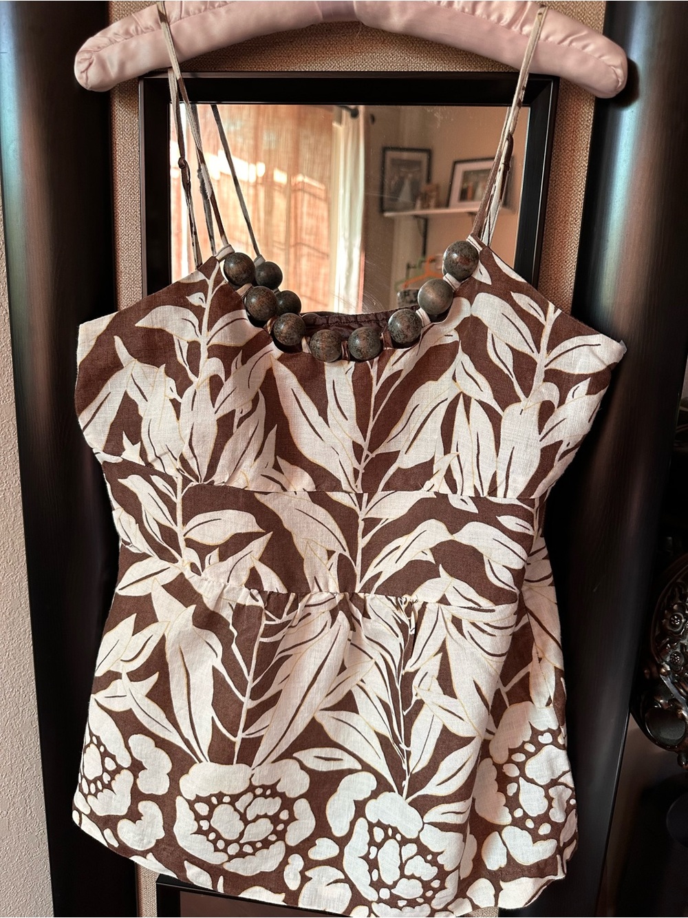 Kenar Brown & White Botanical Print Spaghetti-Strap Crop Top